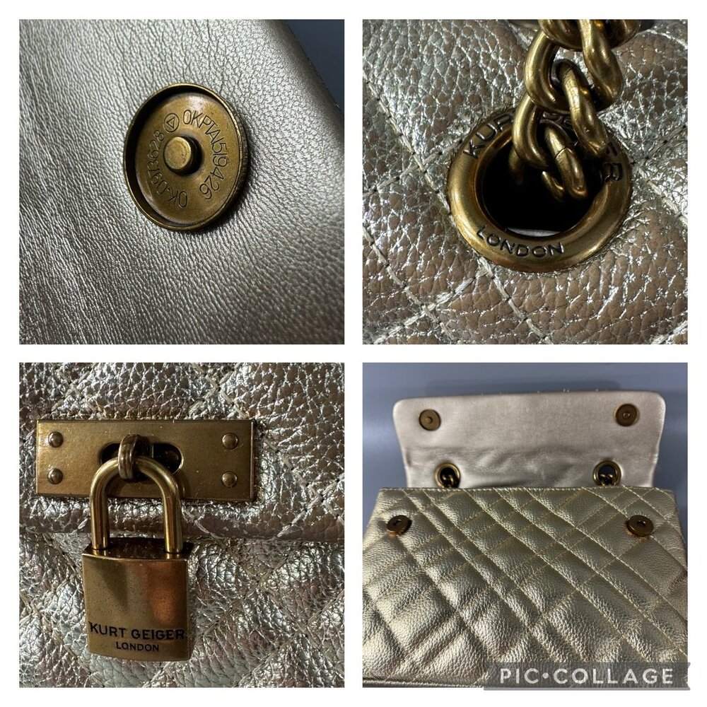 KURT GEIGER LONDON BRIXTON Metallic Gold Quilted Leather Pad Lock Shoulder Bag - Picture 9 of 12